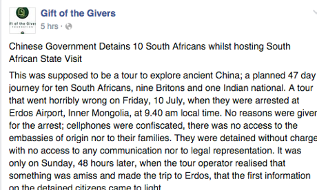 Part of a statement on the Gift of the Givers Facebook page.