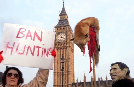 Anti-hunting protesters outside the Houses of Parliament