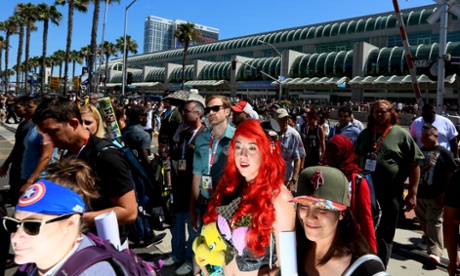 Cosplay enthusiasts walk outside the Convention Center.