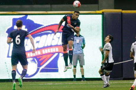Newcastle United's Jamaal Lascelles heads the ball clear during the first half in the friendly against Club Atlas at Miller Park in Milwaukee, Wisconsin.