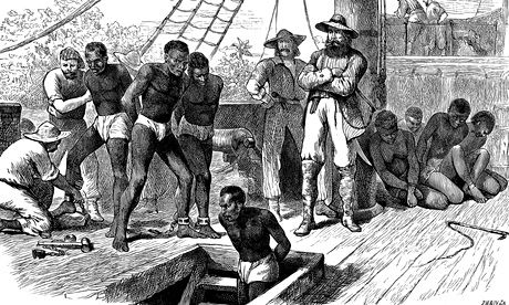 Captives being brought on board a slave ship on the west coast of Africa.
