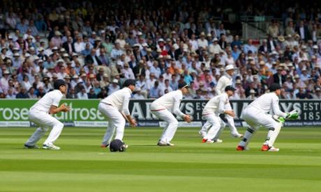 England's attacking field - slips left to right - Alastair Cook (Captain). Ian Bell, Joe Root, Adam Lyth & England's Jos Buttler (Wicketkeeper) with Ben Stokes behind.