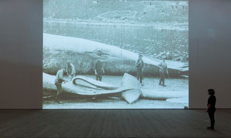 An image from Tan's Leviathan, archival footage of the stripping of a whale, which is part of the show at the Baltic.