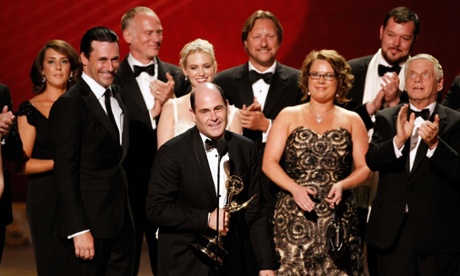 Mad Men's writer and producer Matthew Weiner, centre, with Jon Hamm, left, and some of the show's crew at the 2008 Emmys, where it won outstanding drama series. The show has been nominated for the past three years but not won.