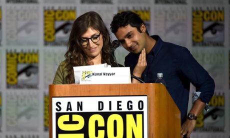 Mayim Bialik, left, and Kunal Nayyar speak onstage at the Inside The Big Bang Theory Writer’s Room panel during Comic-Con.
