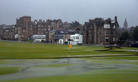 The flooded 1st green. Now everyone can get a taste of how Tiger and Patrick Reed felt on day one.