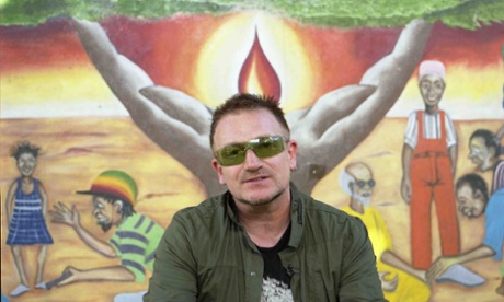 Bono during a break of filming an appeal for 'American Idol,' in Dar Es Salaam,' Tanzania.Bono U2 Live Aid Live8 eight 8 Live Aid Africa debt povery histo