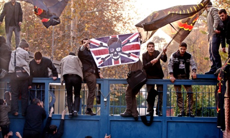 Hundreds of Iranian students breaking into the British embassy, in Tehran on 29 November 2011.