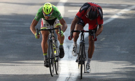 BMC Racing rider Greg Van Avermaet, right, just has the legs of Tinkoff-Saxo's Peter Sagan.
