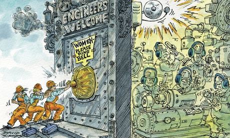 Cartoon by David Simonds showing women fighting their way into engineering jobs