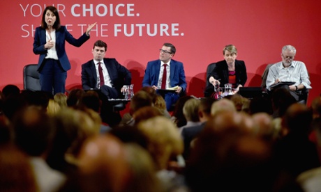 Liz Kendal speaks as the other candidates to be Labour leader look on during a hustings in Glasgow.