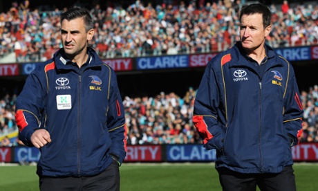 Adelaide Crows interim Senior Coach Scott Camporeale John Worsfold patrol the boundary at Adelaide Oval