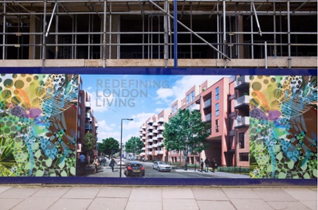 CGI of a new housing development on panel boards surrounding the construction site in London.