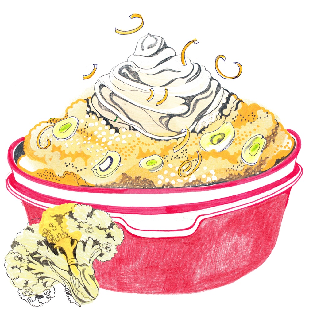 Grains: an illustration of some, in a bowl. There' some cauliflower nearby, and what looks like whipped cream on top.