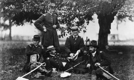 June 1863: Union army officers study The Art of War by Sun Tzu outside Fairfax Court House, Virginia. 