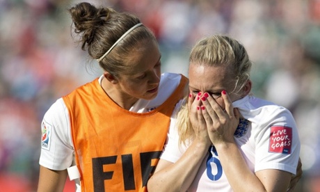 England's Josanne Potter, left, consoles Laura Bassett after their cruel World Cup exit.