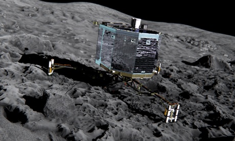 An artist's impression of Rosetta's lander Philae (front view) on the surface of comet 67P/Churyumov-Gerasimenko.