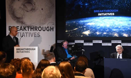 The Breakthrough launch at the Royal Society with (left to right) Yuri Milner, Stephen Hawking and Lord Martin Rees.