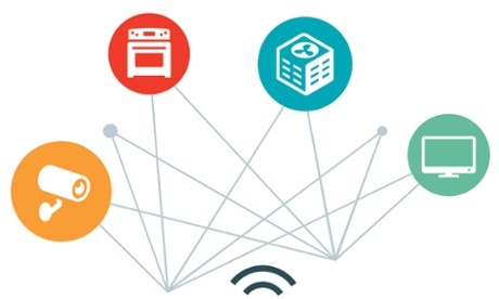 An illustration showing devices that might be connected in the home, including a CCTV camera, oven, air conditioning unit and screen.