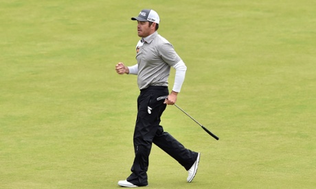 Louis Oosthuizen celebrates his birdie at 18.