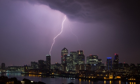Electrical storm over Canary Wharf, London.