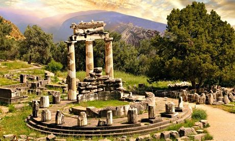 Ruins of Delphi with clouds at dawn, looking surreal