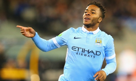 Raheem Sterling celebrates scoring against AS Roma.