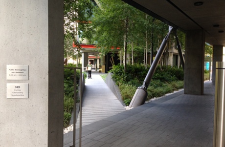 Public space? … The development is garnished with the usual meagre concession to public amenity, closed to the public at 8pm.