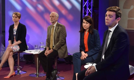 Yvette Cooper, Jeremy Corbyn, Liz Kendall and Andy Burnham during a live television showdown broadcast by BBC2's Newsnight.