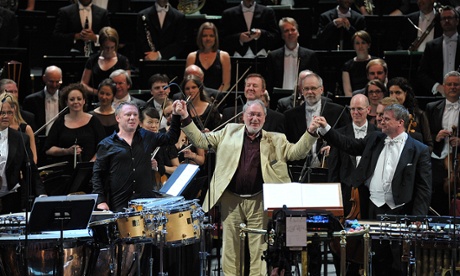 Prom 5: Colin Currie, composer HK Gruber and conductor John Storgårds (L-R) take a bow following the world premiere of HK Gruber's 'into the open …' at the BBC Proms on Monday 20 July