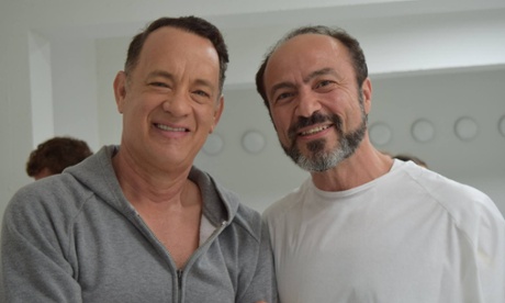 Tom Hanks and co-star Jay Abdo during filming.