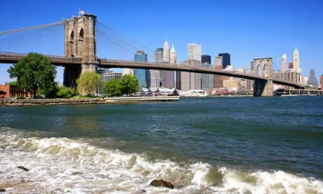 The Brooklyn Bridge and the Manhattan skyline.