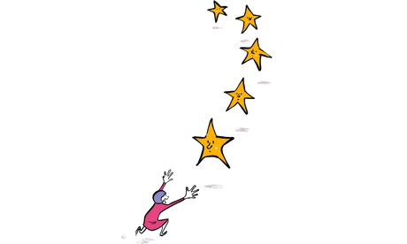 Nishant Choksi illustration of a woman chasing stars for Sophie Heawood column on ratings