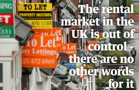 To let signs with quote, 'The rental market in the UK is out of control.'