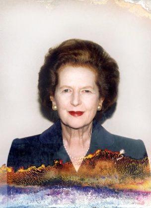 A portrait of Margaret Thatcher, re-created from a damaged photo.