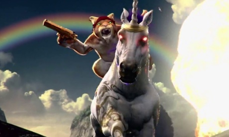 A cat with a gun riding a unicorn with glowing red eyes, taken yesterday.