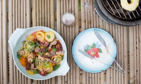 Barbecued sausage panzanella.