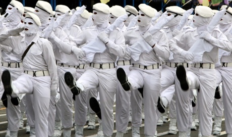 Iranian Army soldiers march during a military ceremony in Tehran on 18 April 2010, marking the annual National Army Day.