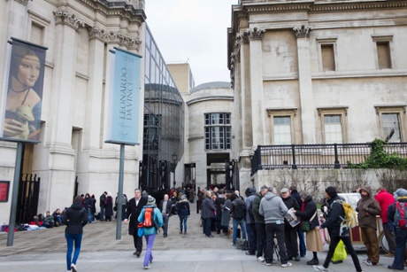 The long queue for day tickets to the sold-out Leonardo da Vinci exhibition at the National Gallery in 2012.