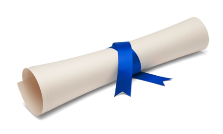 Diploma tied with blue ribbon