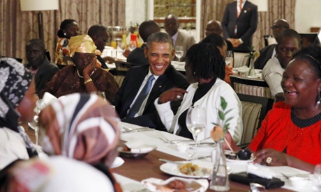 President Obama attends a private dinner with family members at his hotel restaurant after arriving in Nairobi.