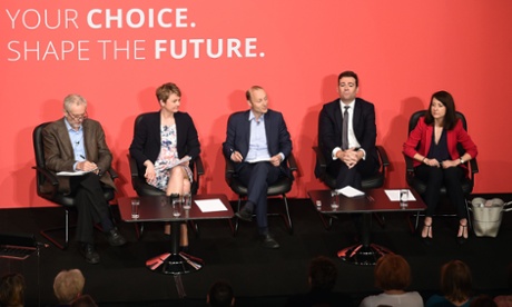 Jeremy Corbyn, left, with fellow candidates Yvette Cooper, Andy Burnham and Liz Kendall with journalist Paul Waugh (centre), at a Labour hustings event in Warrington on 25 July.