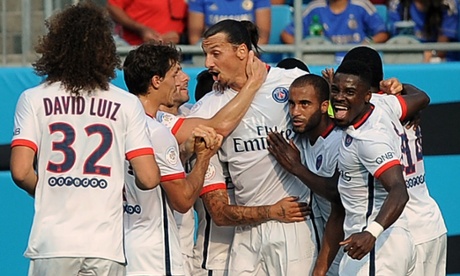 Zlatan Ibrahimovic, center, said Ángel Di María could lift PSG to another level after the Sweden striker scored against Chelsea in his side’s pre-season defeat on penalties.