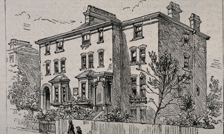 A wood engraving of a four storey, largely square brick-build convalescent home. A woman and a boy walk past on the pavement outside. 