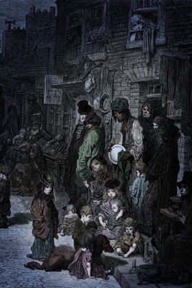 A dark picture; dilapidated tenement buildings in the background, a crowded foreground with around 20 figures; several children sit or stand with a large dog on the pavement; a woman holds a bundled baby, two men in oversized coats and hats look on; a dark-skinned man, possibly in a kind of turban, polishes a silver plate. in the background figures gather around some sort of stall.