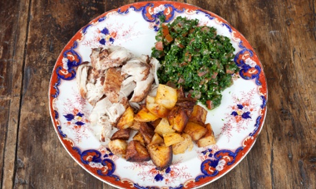 The chicken platter with chicken, potatoes and tabbouleh