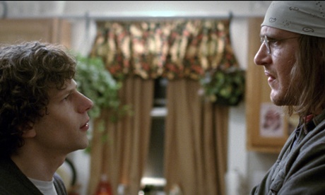 Jesse Eisenberg, left, as David Lipsky, and Jason Segel, as David Foster Wallace, in a scene from the film, 