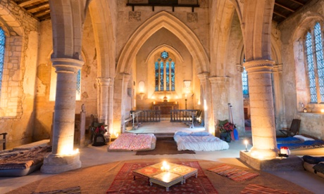 Peace and quiet: bedding down for the night in a church.