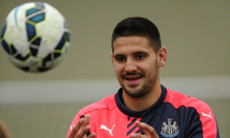 Aleksandar Mitrovic throws a ball during his first training session during with Newcastle United.