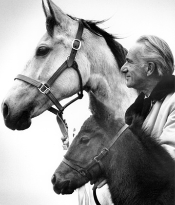 Peter O'Sullevan with a horse and foal, 1969.